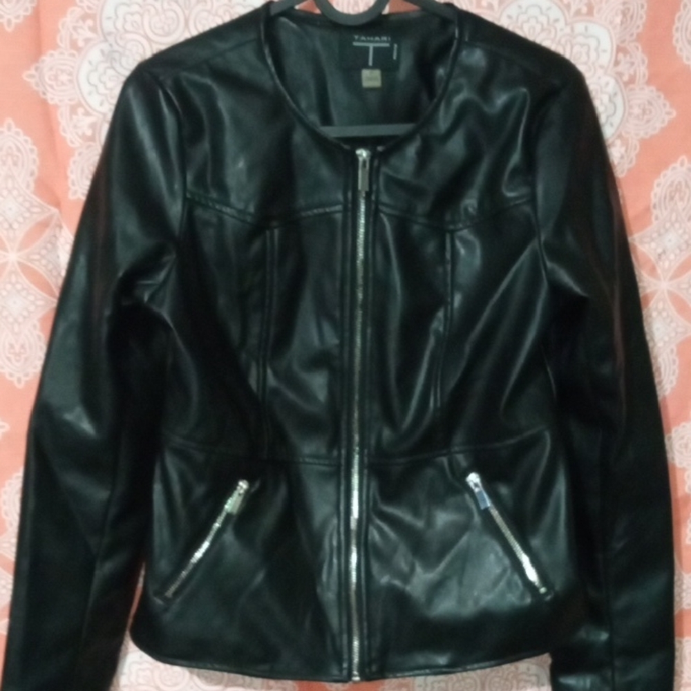 T Tahari Black Leather Jacket with Silver Accents